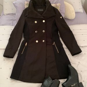 ☃️❄️GUESS !! JACKET COAT LONG WINTER WOMENS BLACK BUTTON☃️❄️☃️❄️